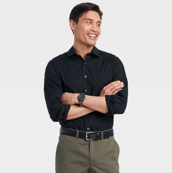 Men's Performance Long Sleeve Button-Down Dress Shirt - Goodfellow & Co Black S - Picture 1 of 16
